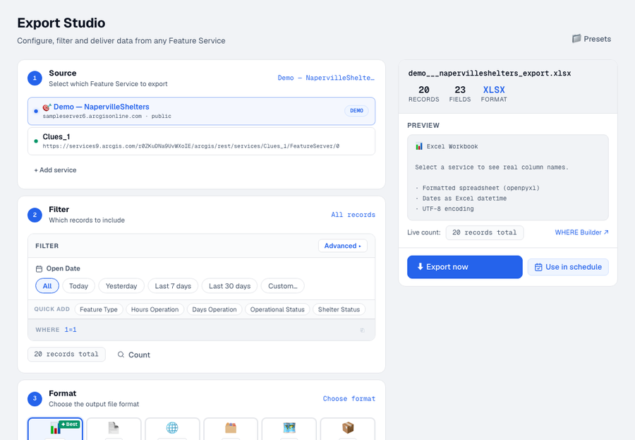 GISGP Export Studio — filter, format and download Feature Service data