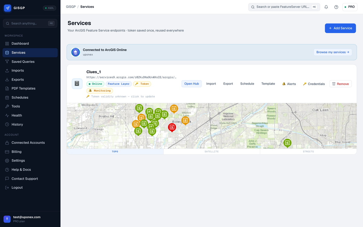 GISGP Services page — service cards with live Leaflet maps