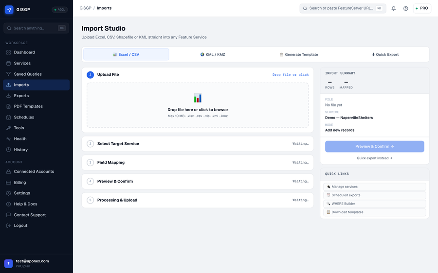 GISGP Import Studio — upload Excel or CSV and map fields visually